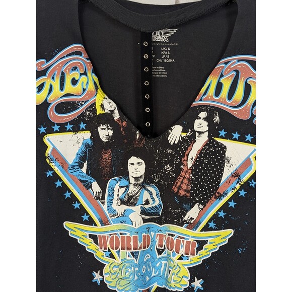 AEROSMITH Official Merch Grommet Choker Collar Tee Dark Gray Cotton Size Small - Picture 2 of 4